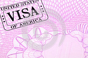 US visa stamp immigration document passport page, copy space