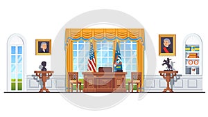 US white house oval office with USA flags