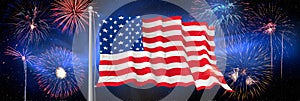 USA 4th of july independence day background of american flag with fireworks, Celebration Concept