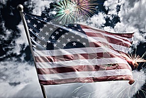 USA 4th of july independence day background of american flag with fireworks, Celebration Concept