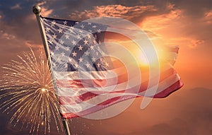 USA 4th of july independence day background of american flag with fireworks, Celebration Concept