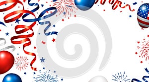 USA 4th of july independence day banner design of ribbon and balloon with firework on white background Vector illustration