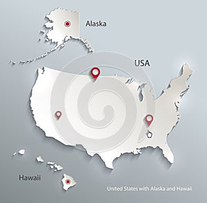 USA with Alaska and Hawaii map blank blue white card paper 3D