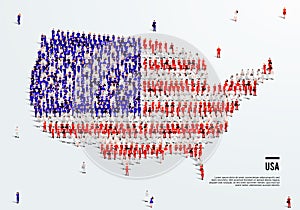 USA or America Map and Flag. A large group of people in the United States flag color form to create the map.