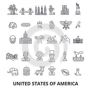 Usa, america, new york, statue of liberty, united states, famous landmarks, sights line icons. Editable strokes. Flat