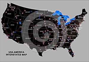 USA America simple interstates map dark version