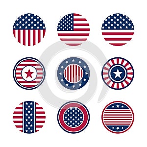 USA american flag circle label. American colors patterned buttons, round patriotic emblems, stars and stripes, United