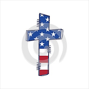 USA American Flag Cross Christian Religious Patriotic symbol. Stock vector illustration isolated on white background.