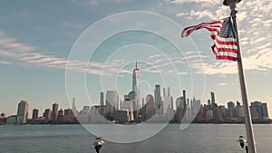 USA American flag. Memorial Day, Veteran's Day, July 4th. American Flag Waving near New York City, Manhattan view
