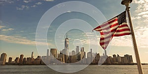 USA American flag. Memorial Day, Veteran's Day, July 4th. American Flag Waving near New York City, Manhattan view