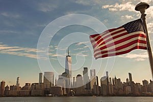 USA American flag. Memorial Day, Veteran's Day, July 4th. American Flag Waving near New York City, Manhattan view