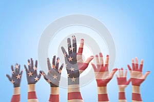 USA American flag pattern on people hand for voting, volunteering participation election, civil rights concept