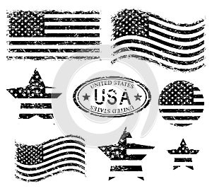 USA American grunge flag set, black isolated on white background, illustration.