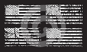 USA American grunge flag set, white isolated on black background, illustration.