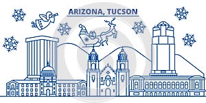 USA, Arizona, Tucson winter city skyline. Merry Christmas and Happy New Year decorated banner. Winter greeting card with