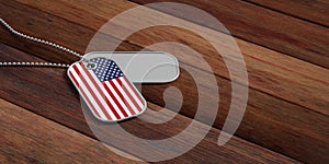 USA army concept, American flag identification tags on wooden background. 3d illustration
