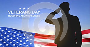 USA army soldier saluting on a background of sky. USA flag. Veterans Day, Memorial Day, Independence Day background