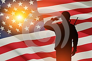 USA army soldier saluting on a background of USA flag. Greeting card for Veterans Day, Memorial Day, Independence Day.