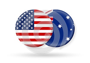 USA and Australia circle flags. 3d icon. Round Australian and American national symbols. Vector illustration