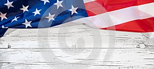 USA background banner panorama template greeting card - American flag on rustic wooden white vintage shabby table, wood texture,