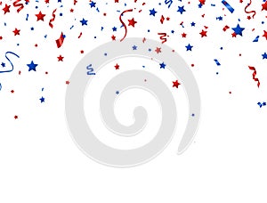 Usa banner. Red and blue celebration confetti and stars falling on white background. Happy Independence Day decoration