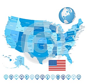 USA Blue color map and map icons