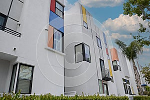 USA California Los Angeles Playa Vista May 8 2023 the facade of the house is decorated with multi-colored inserts