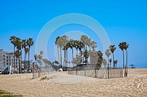 USA California Los Angeles Santa Monica District May 13, 2023 sand barrier fence