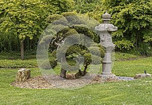 Gray cut stone lantern statue at Japanese Garden, San Francisco, CA, USA