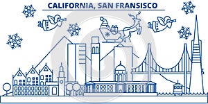 USA, California, San Francisco winter city skyline. Merry Christmas and Happy New Year decorated banner. Winter greeting