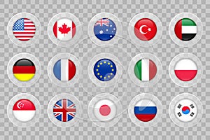 USA, Canada, Australia, Turkey, UAE, Germany, France, EU, Italy, Poland, Singapore, UK, Japan, Russia, Korea flag on transparent