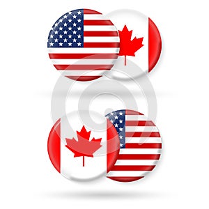 USA and Canada circle flags. 3d icon. American and Canadian national symbols. Vector