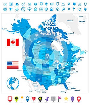 USA and Canada large detailed political map in colors of blue an