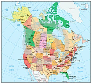 USA and Canada large detailed political map with states, provinces and capital cities