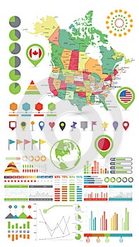 USA and Canada map and Infographics design elements. On white