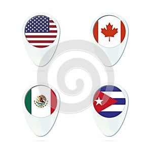 USA, Canada, Mexico, Cuba flag location map pin icon