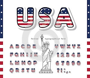 USA cartoon font. United States of America national flag colors. Cut out letters and numbers. Bright alphabet for tourism design.