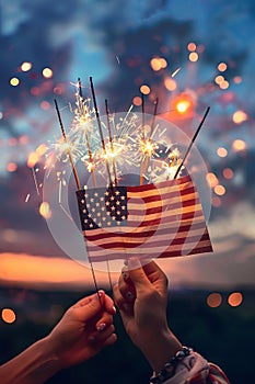 USA Celebration, Hands Holding Sparklers and American Flag at Sunset