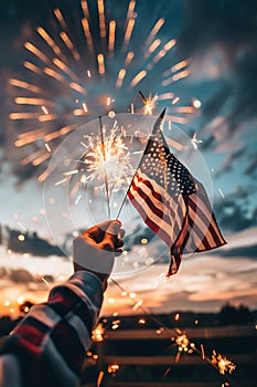 USA Celebration, Hands Holding Sparklers and American Flag at Sunset