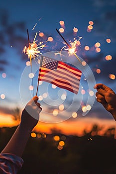 USA Celebration, Hands Holding Sparklers and American Flag at Sunset