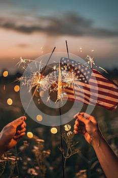 USA Celebration, Hands Holding Sparklers and American Flag at Sunset