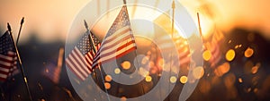 Usa Celebration With Hands Holding Sparklers And American Flag At Sunset With Fireworks, generative ai