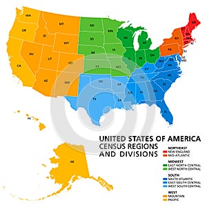 Zjednotený štáty sčítanie ľudu regióny a divízie politická mapa 