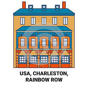 Usa, Charleston, Rainbow Row travel landmark vector illustration