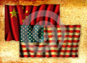 USA and China conflict concept symbolized with flags grunge