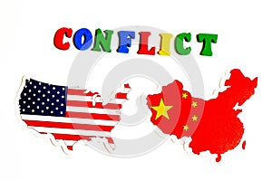 USA and China conflict. National flags on white background. Politics concept