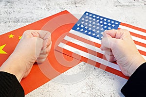 USA & China - disagreement, US of America and Chinese flags. Relationship conflict between USA and China.
