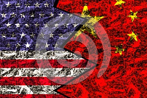 USA and China Flag on grunge wall texture background, USA and China Trade War Background concept