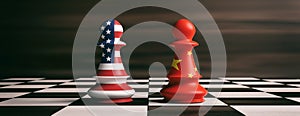 USA and China flags on chess pawns on a chessboard. 3d illustration