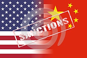 Usa china flags, sanctions red stamp